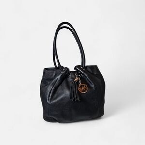 Michael Kors Black Pebbled Leather Shoulder Tote with Tassel and MK Charm